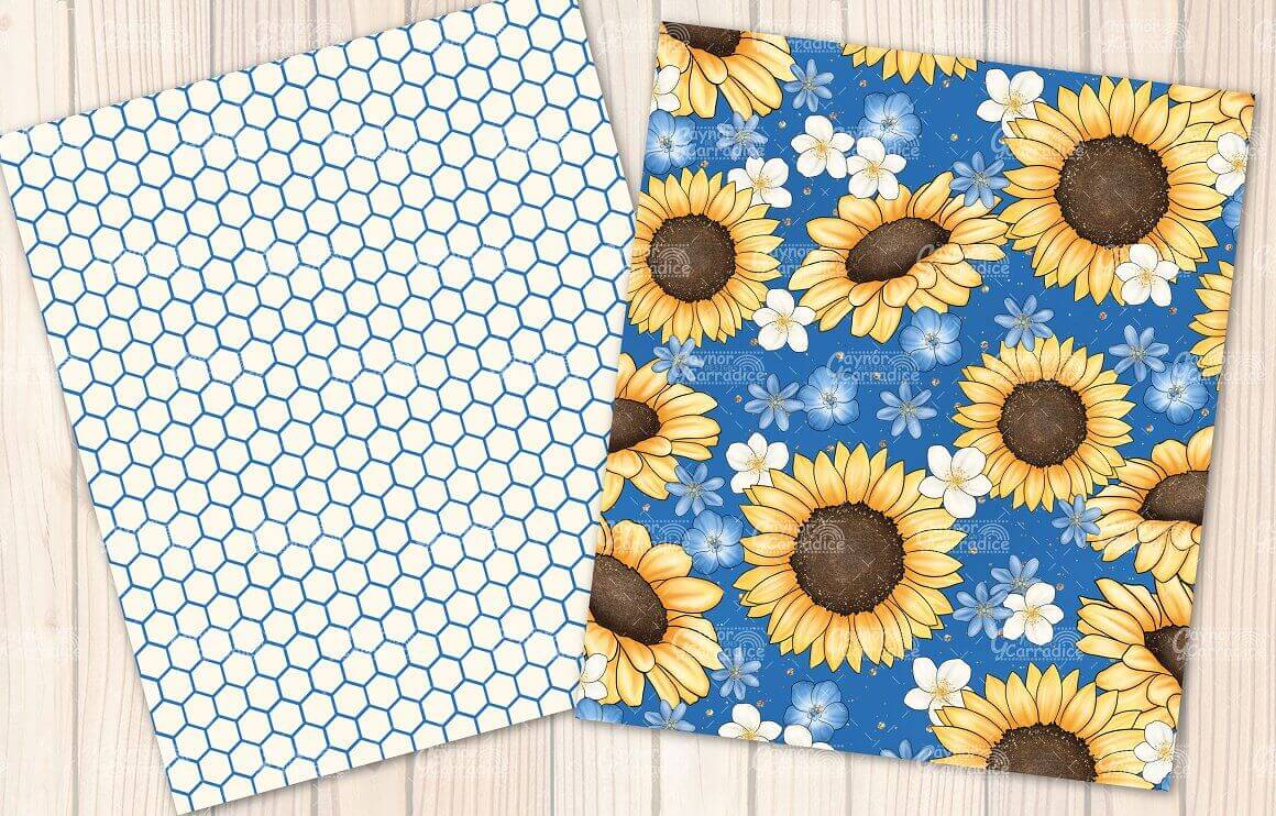 Two prints with blue honeycombs and yellow and white flowers.