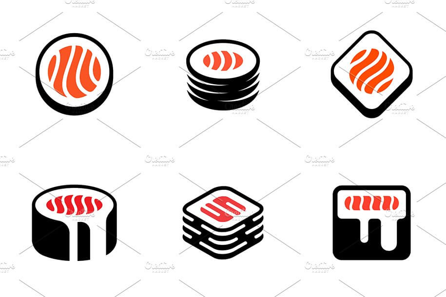 Image of different sushi in black and red color on a white background.