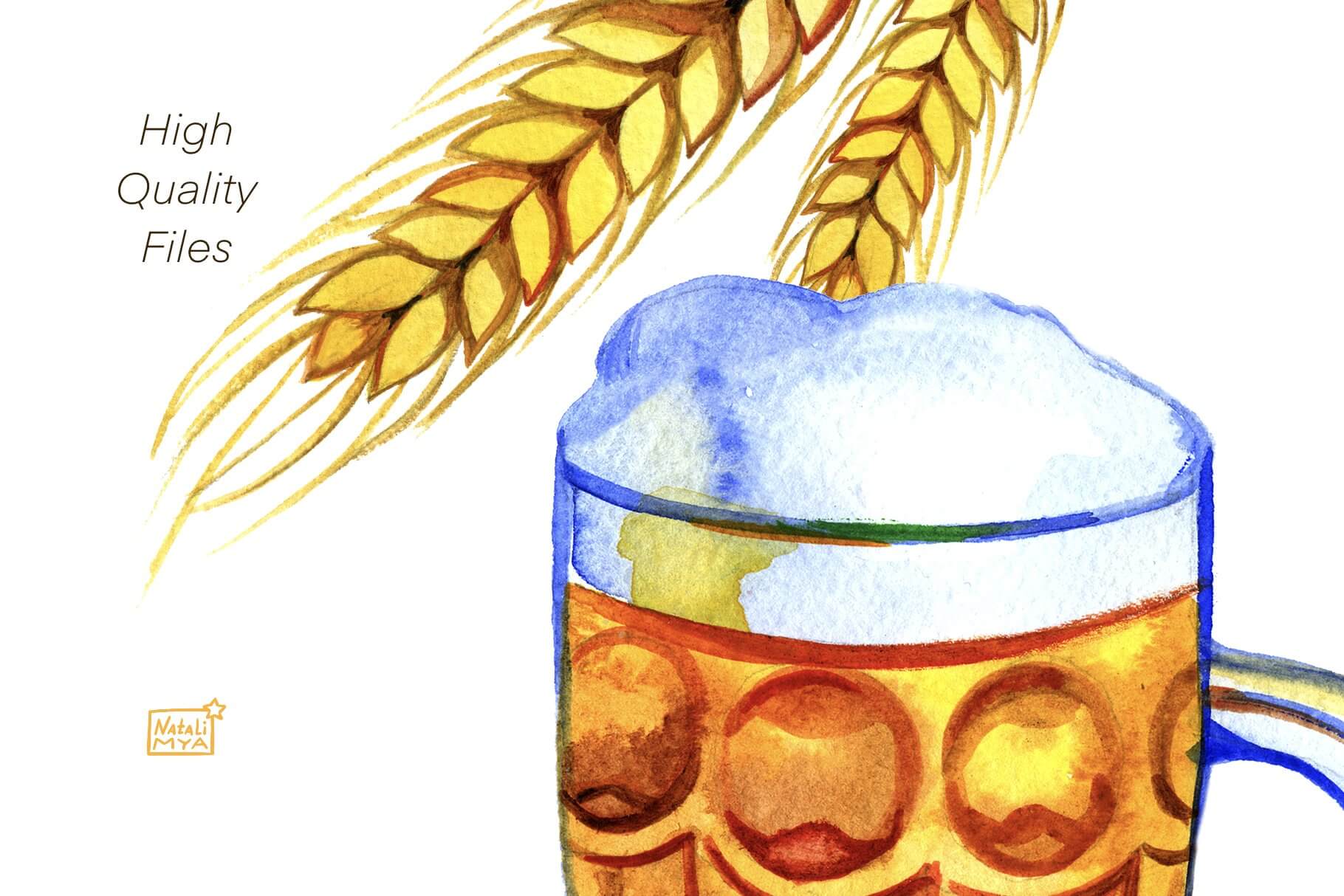 A close-up of an ear of wheat and beer.