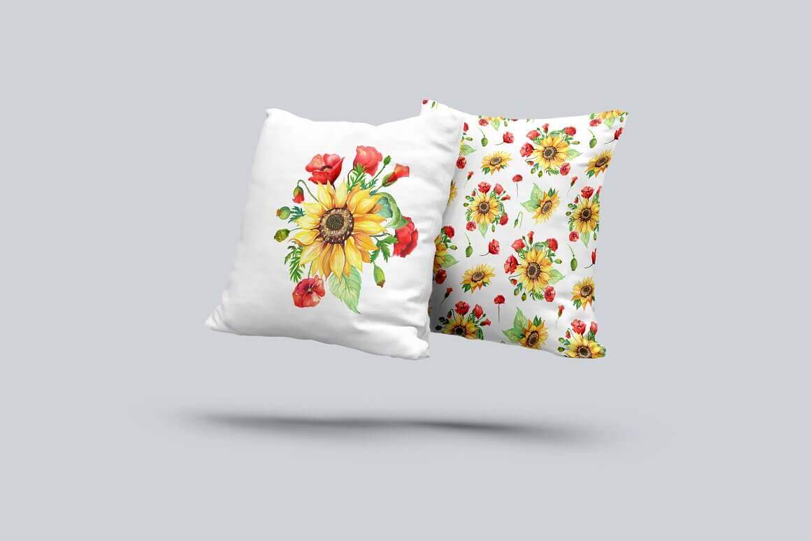 Two white pillows with a seamless pattern with sunflowers and poppies in watercolor on a gray background.