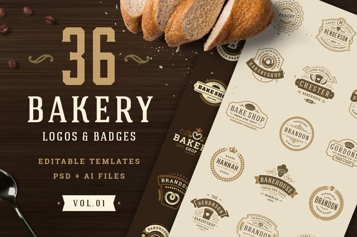 Three branded logos "36 Bakery Logos and Badges. Chester, Bakehouse" on dark toned backgrounds.