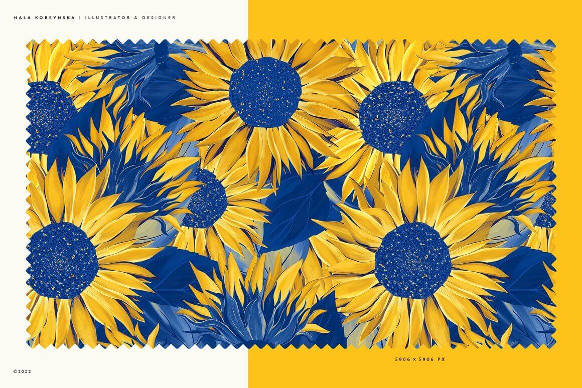 Sample print with sunflowers and blue leaves.