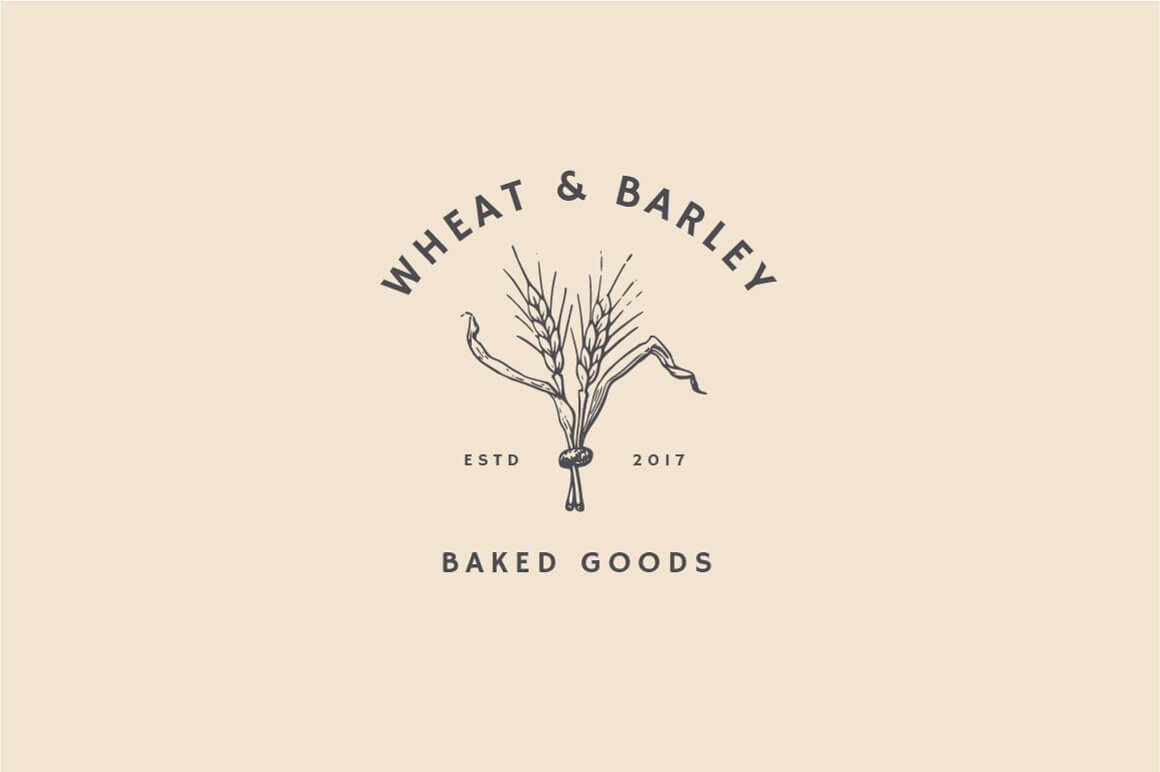 Large hand drawn vintage bakery logo "Wheat & Barley, Baked Goods" on a light yellow background with two spikelets.