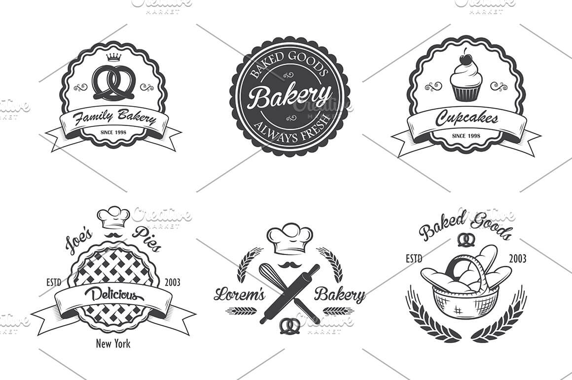 Six gray vintage bakery emblem logos isolated on white background.