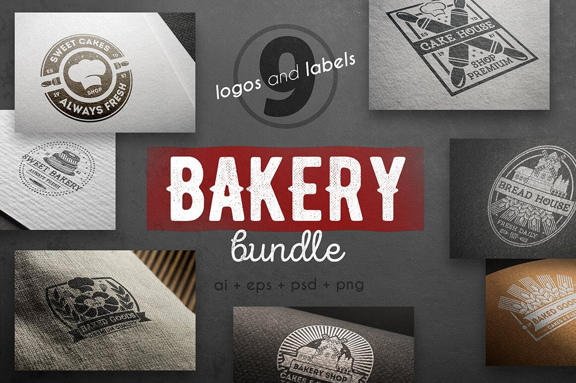 Bakery bundle logo set close-up.