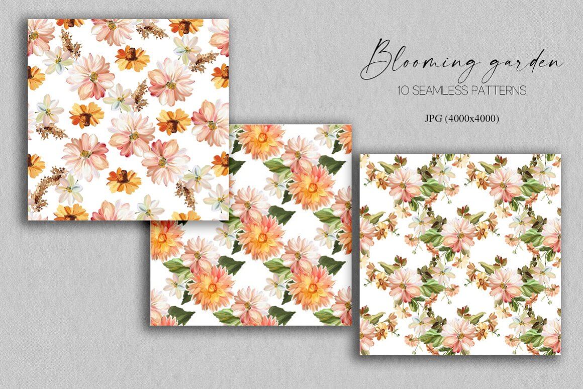 Three square seamless patterns with blooming flowers and a title on a gray background.
