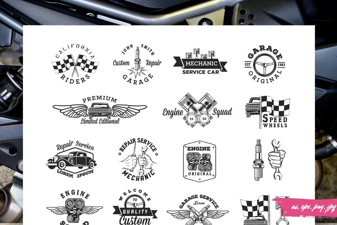 Sixteen black and white logos of the theme of the workshop, service center on a white background.