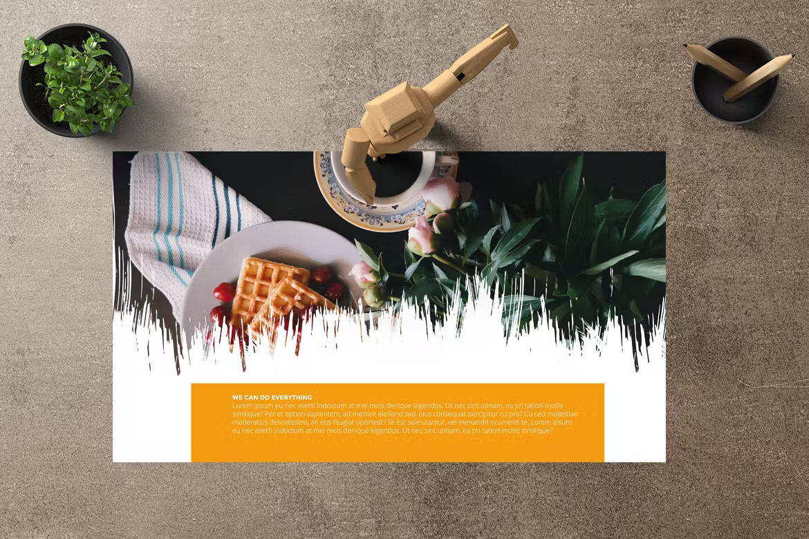 PowerPoint template for Magazine 2 on a textured table, photo with green leaves, a cup of coffee and waffles.