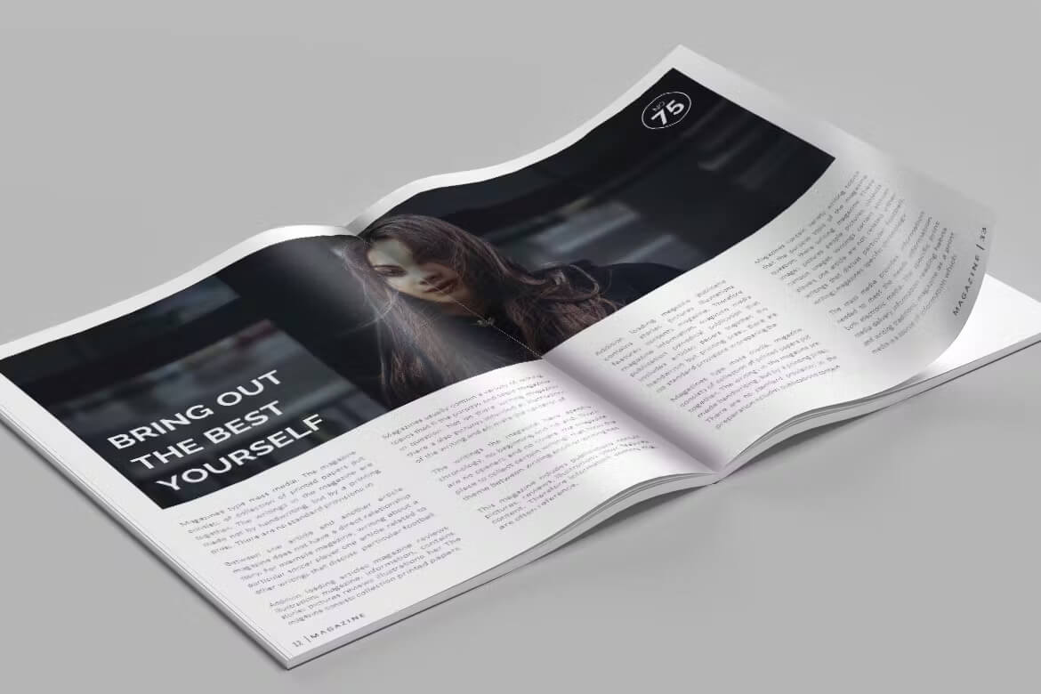 Large spread in greyscale magazine page layout in PowerPoint.