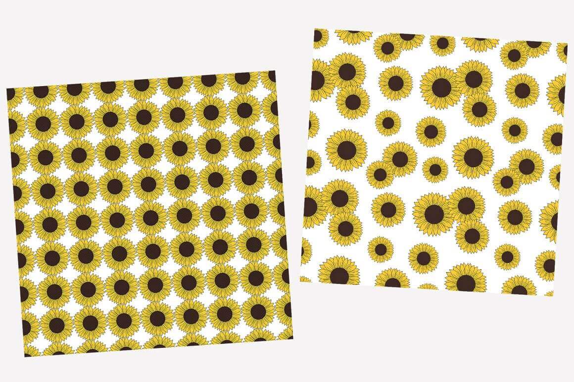 Two seamless patterns with yellow and black sunflowers on a white background.
