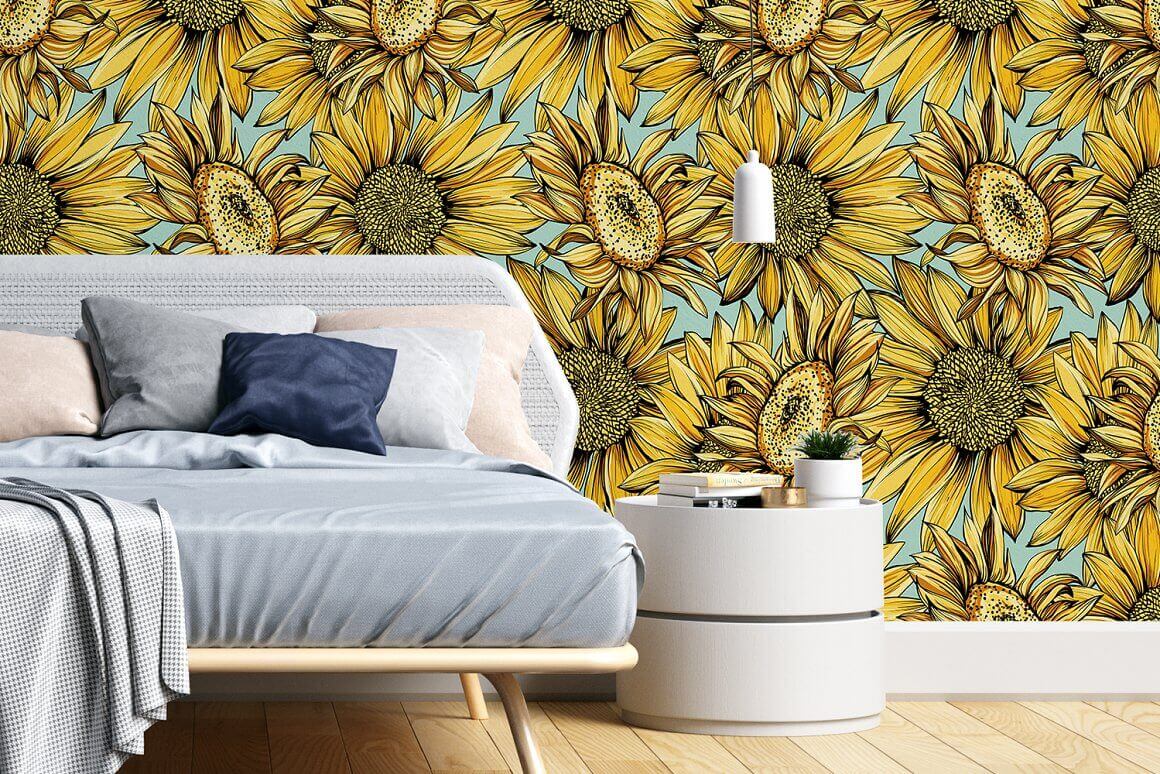 In the room, blue wallpaper with yellow sunflowers is pasted on the walls.