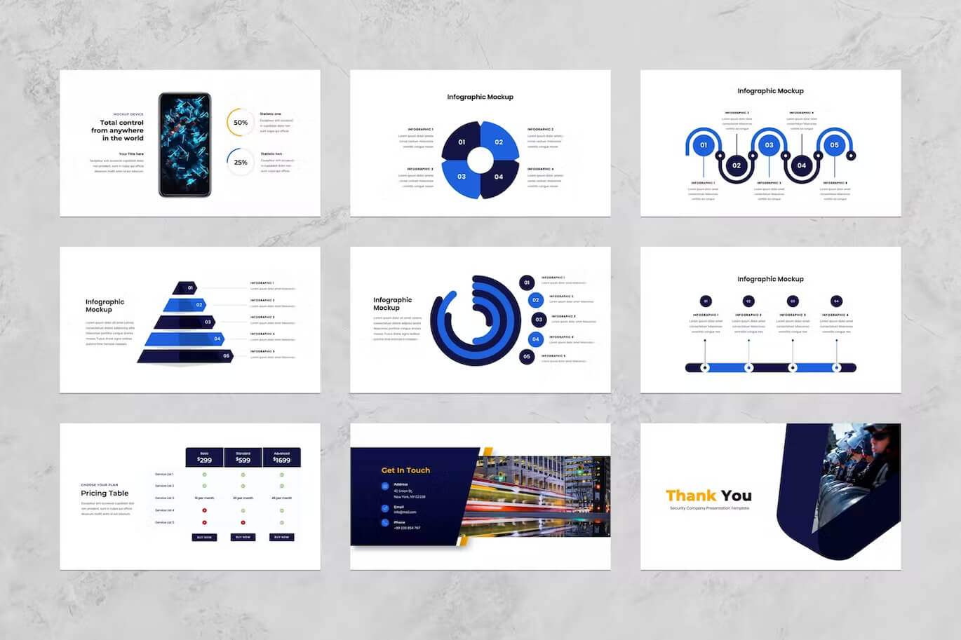 Picture with nine Powerpoint templates "Infographic Mockup", "Pricing Table", "Get in Touch".
