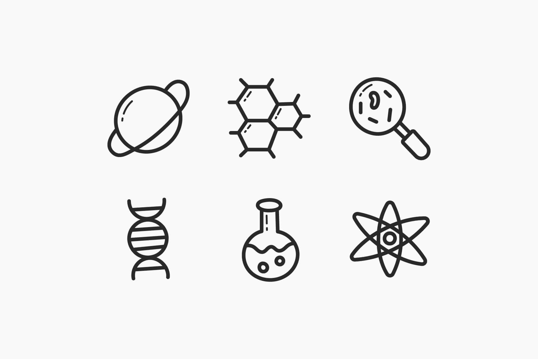 6 black and white simple icons belonging to the scientific field.