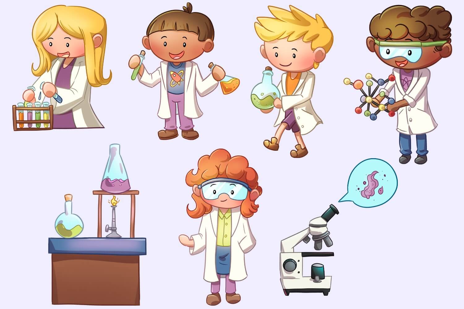 A collection of little scientists experimenting with chemical solutions and other substances.
