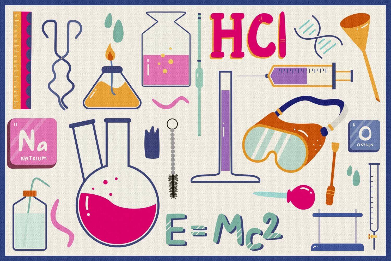 Drawings with chemical solutions and formulas on a light background.
