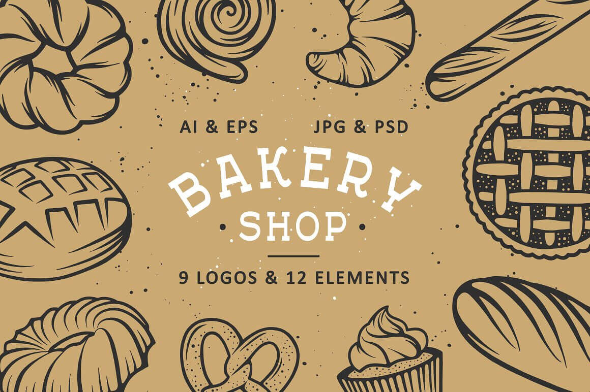 Huge yellow logo with bakery elements around.