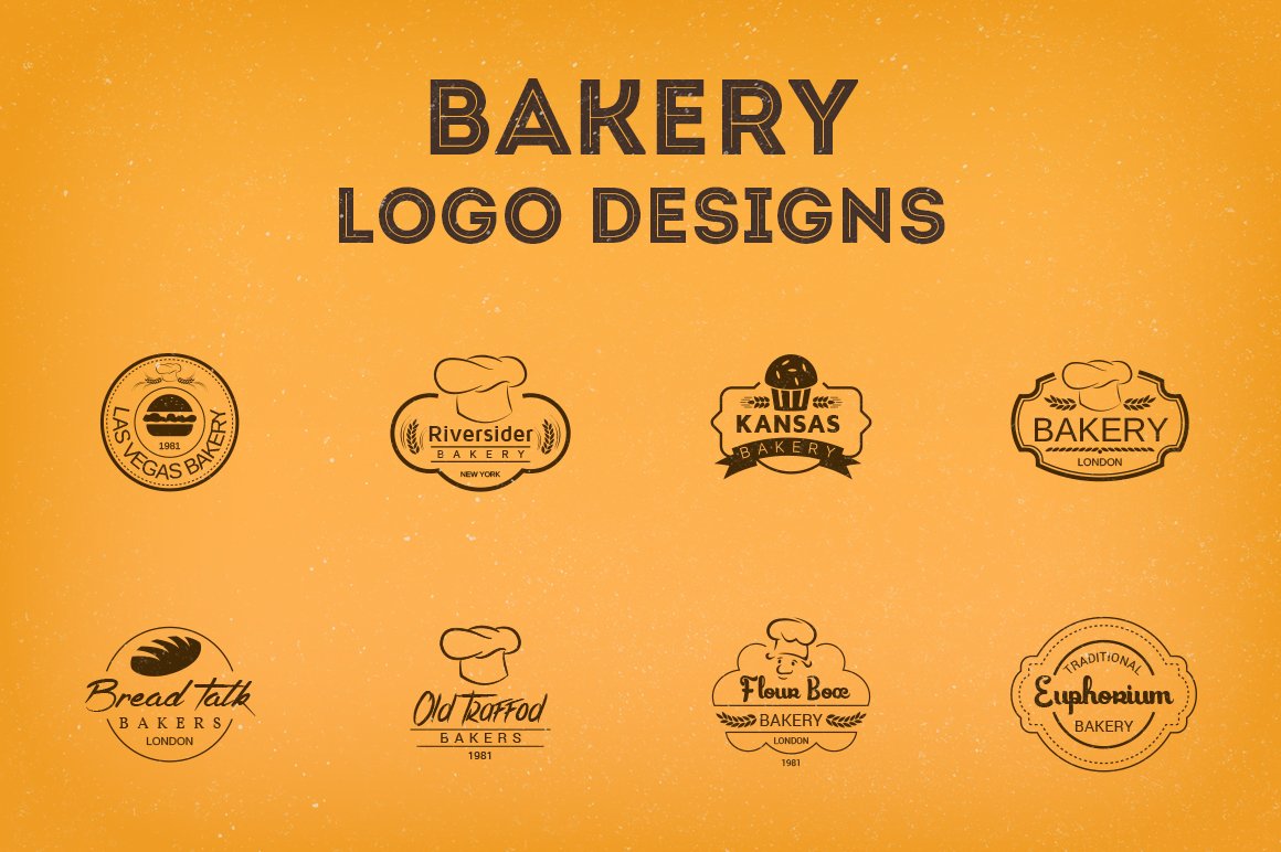 Eight brown bakery logos in two rows with title.