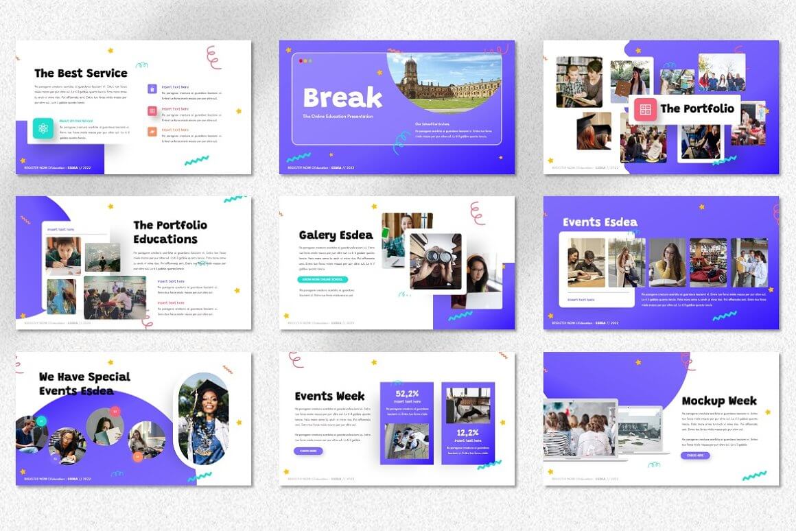 Nine slides of the educational program with different headings "The Best Service", "Break", "The Portfolio" on a white and purple background.