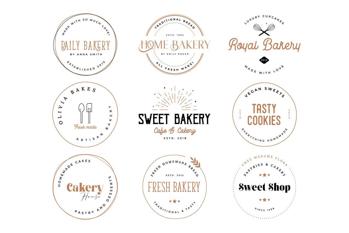 Nine different bakery logos on a white background.