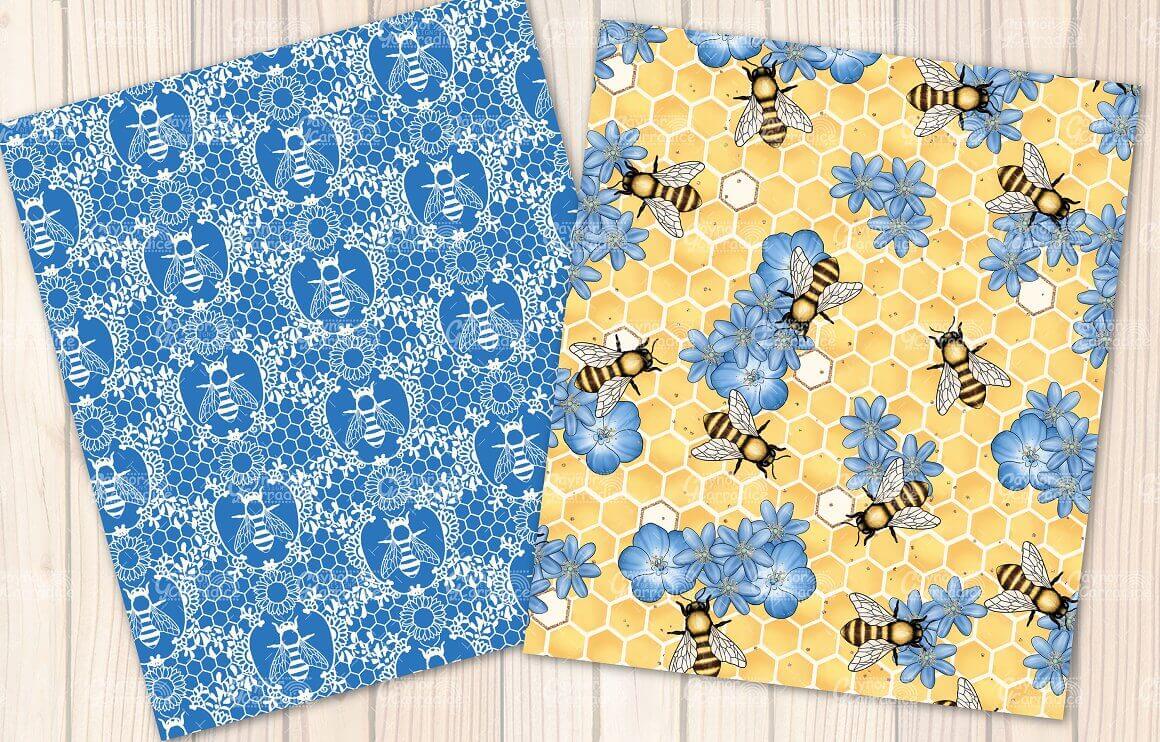 Two prints with blue bees and yellow and black bees.