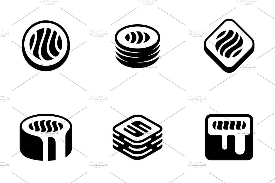 Image of different sushi in black color on a white background.