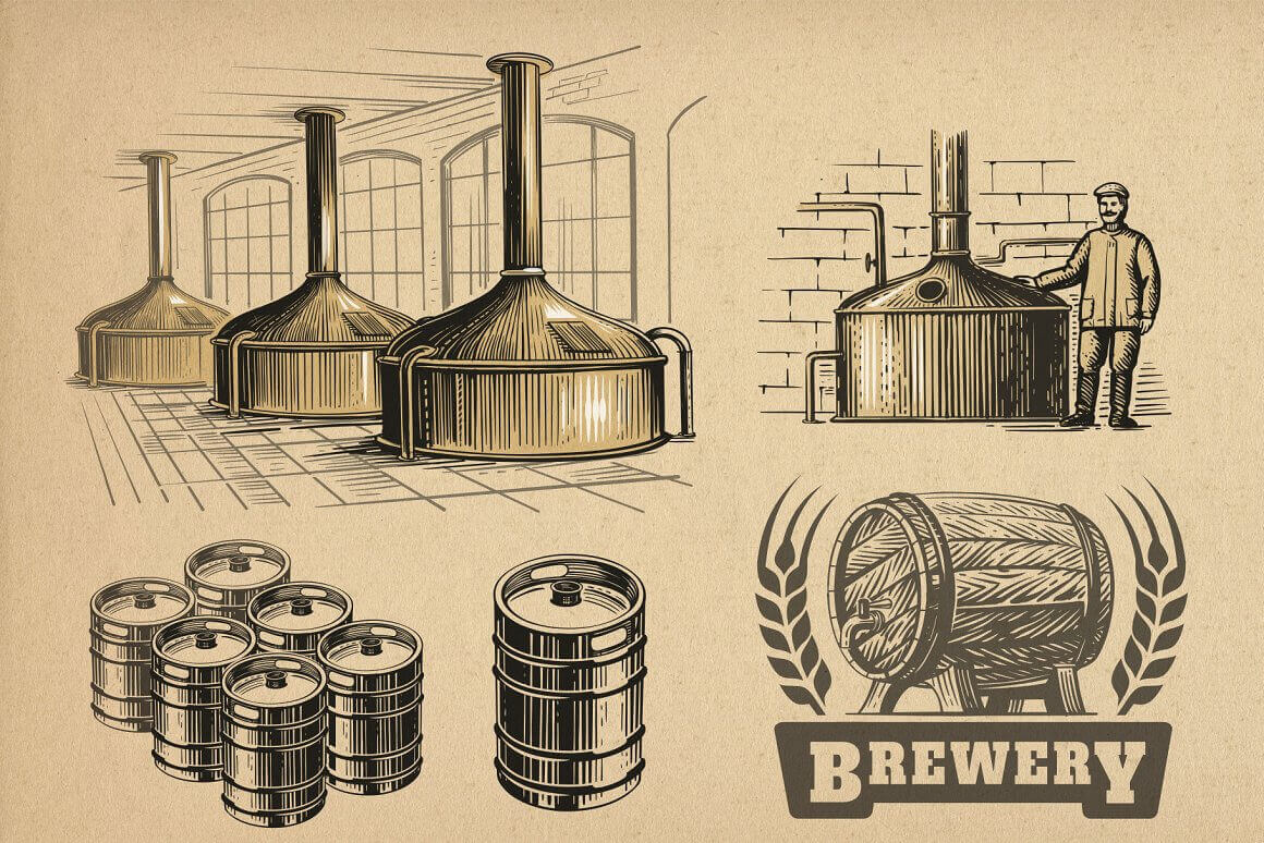 Beer production image in vintage style.