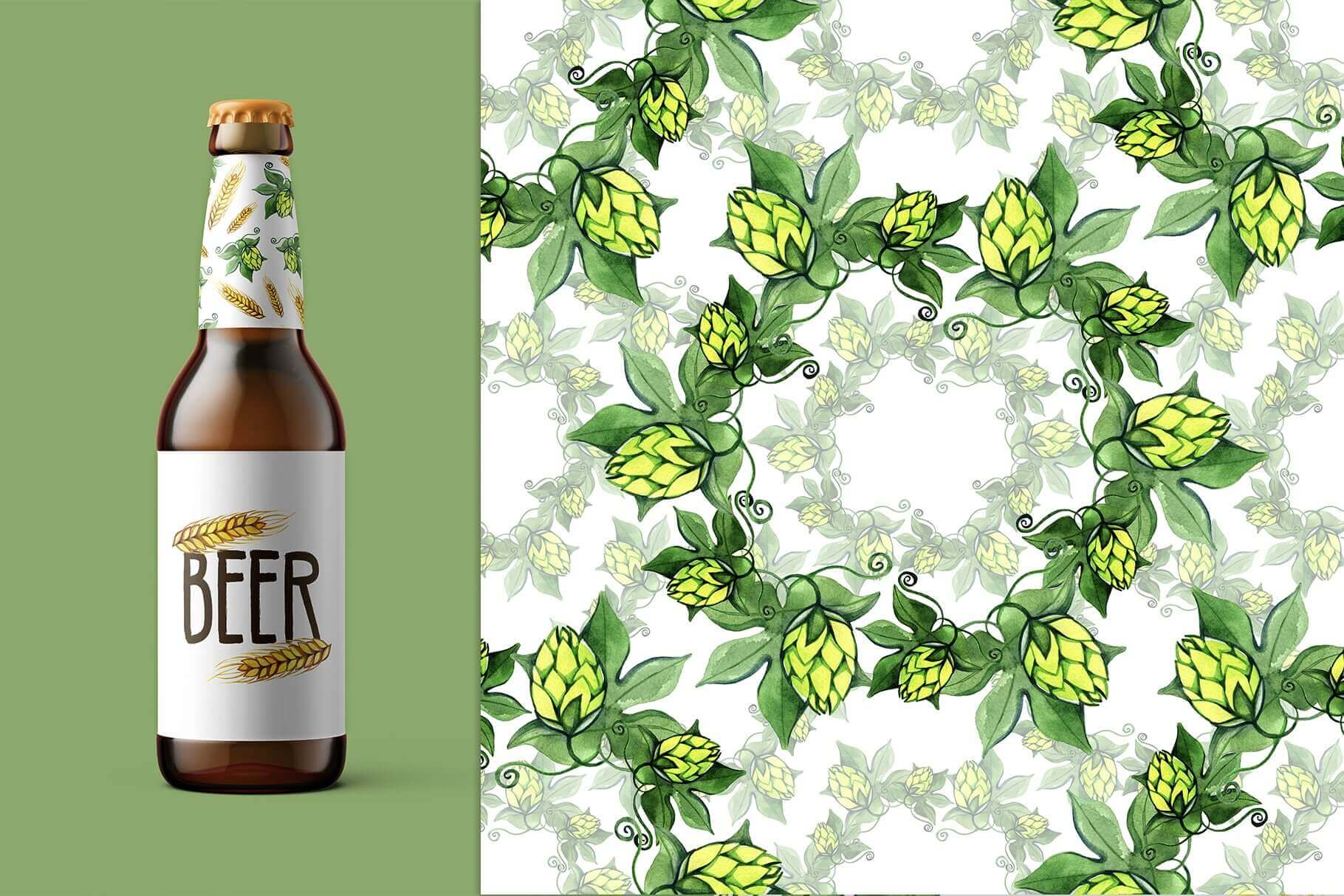 Two parallel images, one of beer and the other of hops.