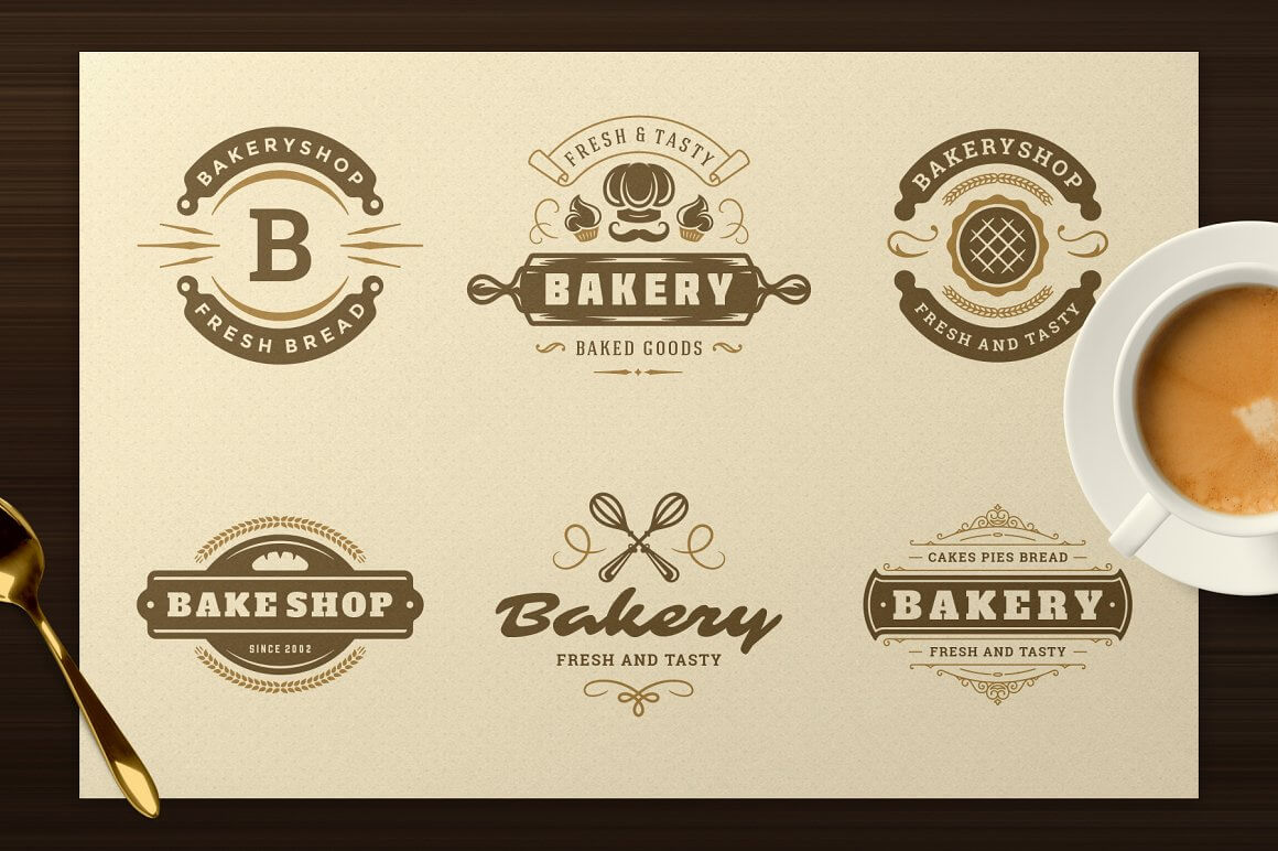 Six "Bakeryshop, Fresh & Tasty, Bake Shop" brand logos on dark toned backgrounds.