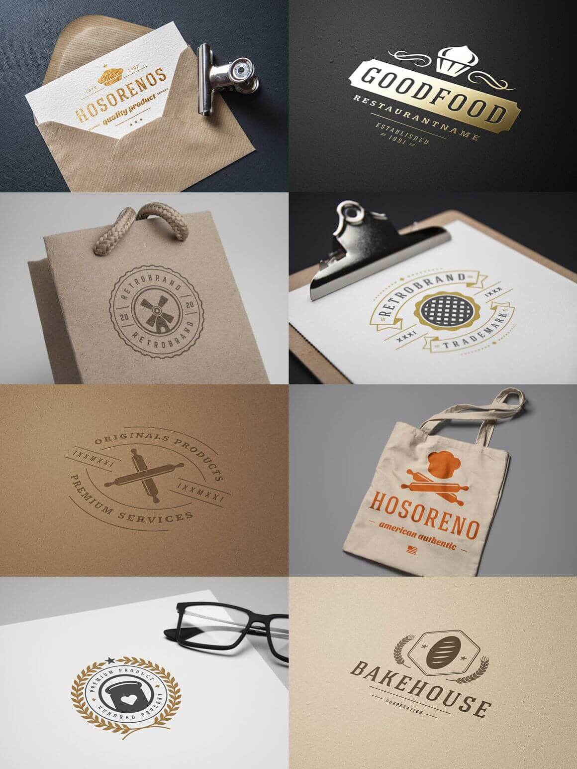 Eight gray gold, orange and gray vintage bakery logos on gray, black, white and beige backgrounds.