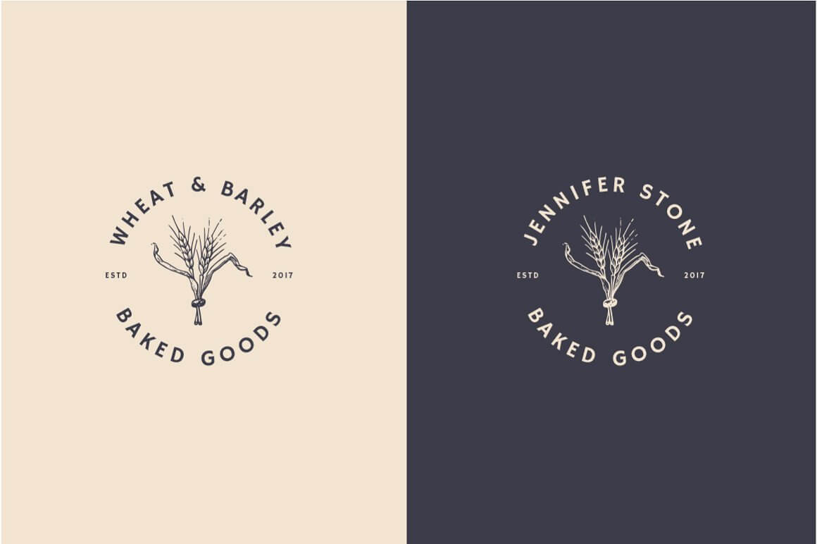 Two vertical hand drawn vintage "Wheat & Barley, Baked Goods" bakery logos on a light yellow and gray background with two spikelets.