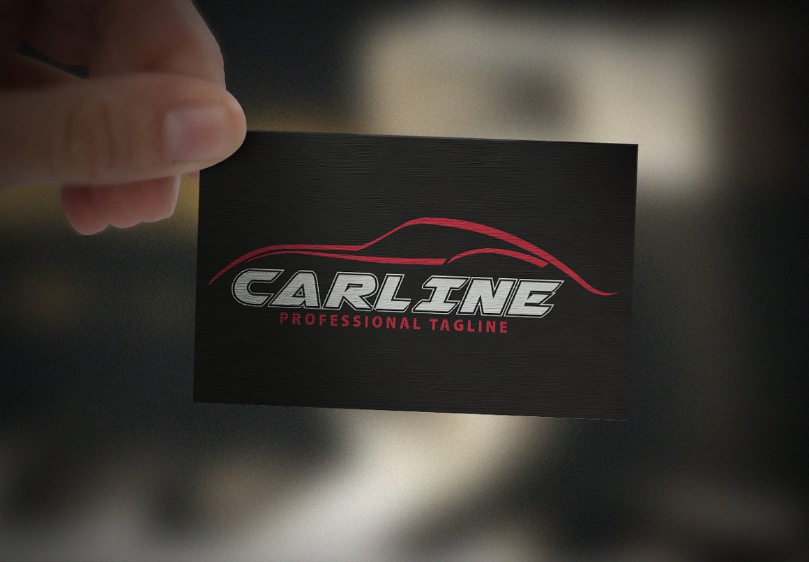 Black and red business card with car lines logo on a black background.