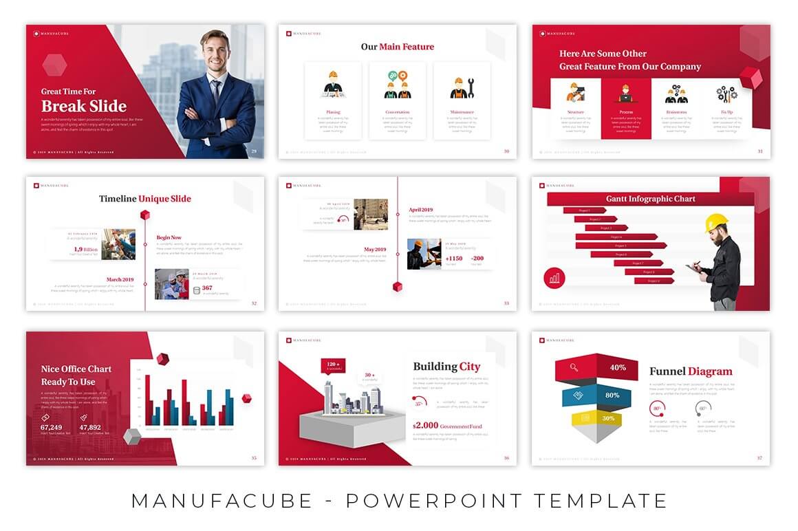 Powerpoint construction presentation slides with many photos, pictograms and other pictures.