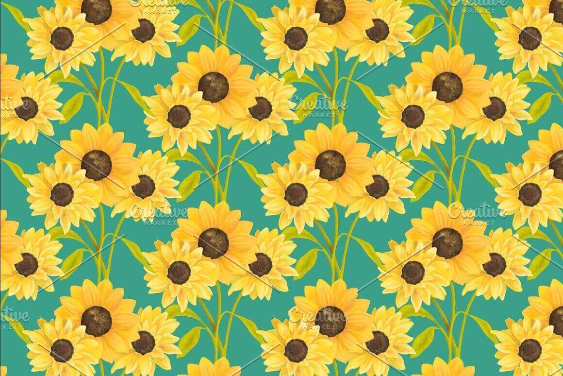 Image of bright yellow sunflowers on a green background.