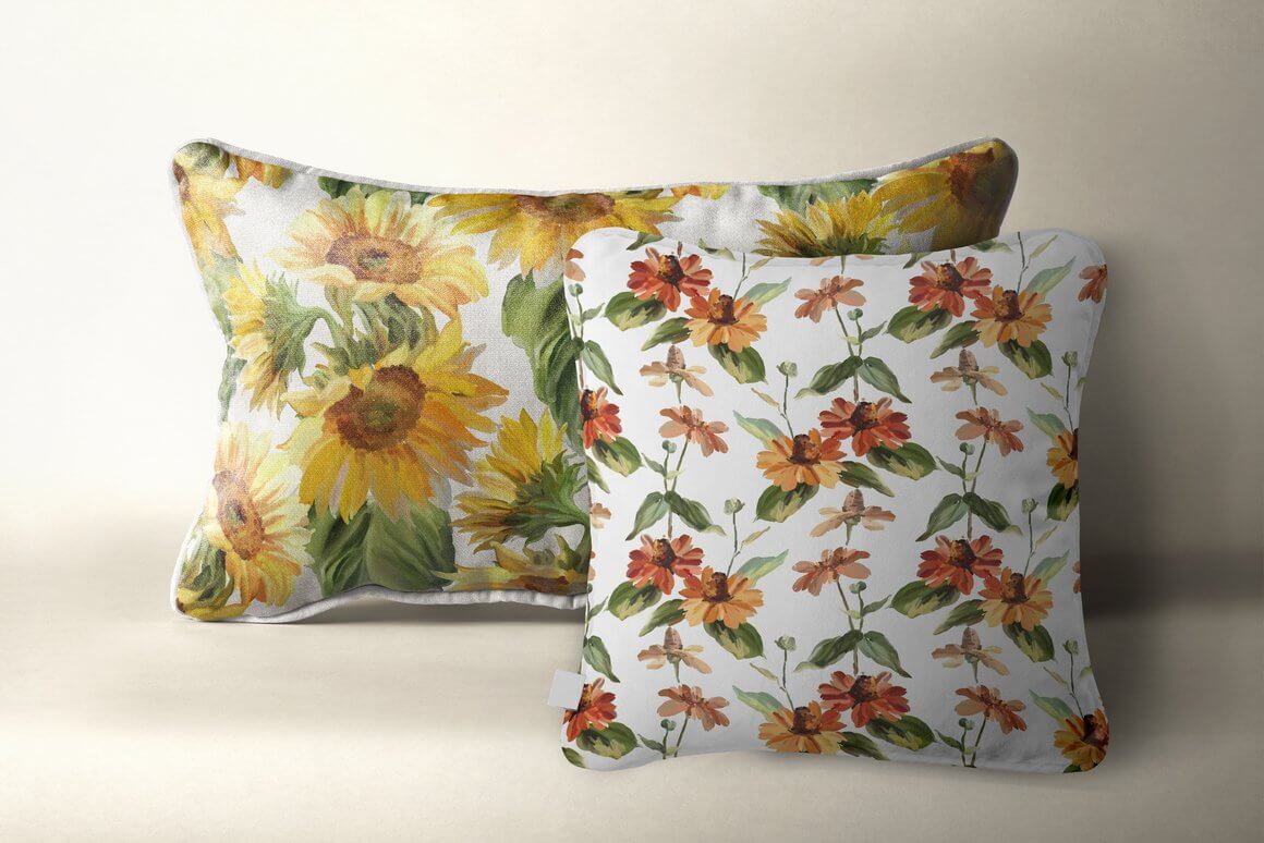 Two pillows with seamless patterns of blooming gardens.