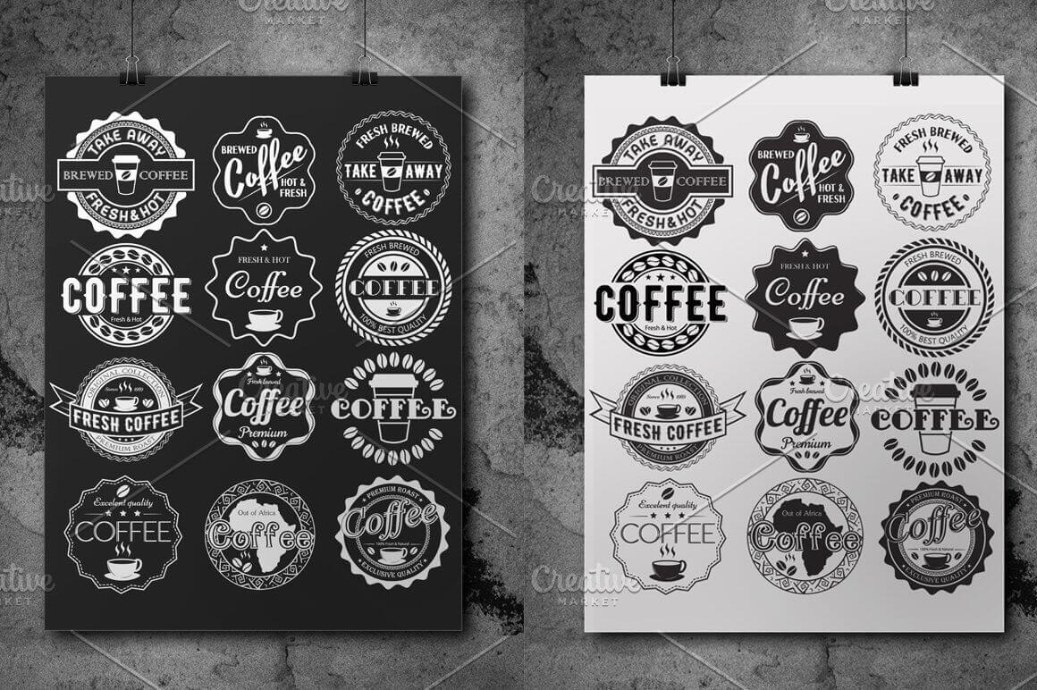 Two canvases black and white with many cafe and bakery logos on gray concrete.