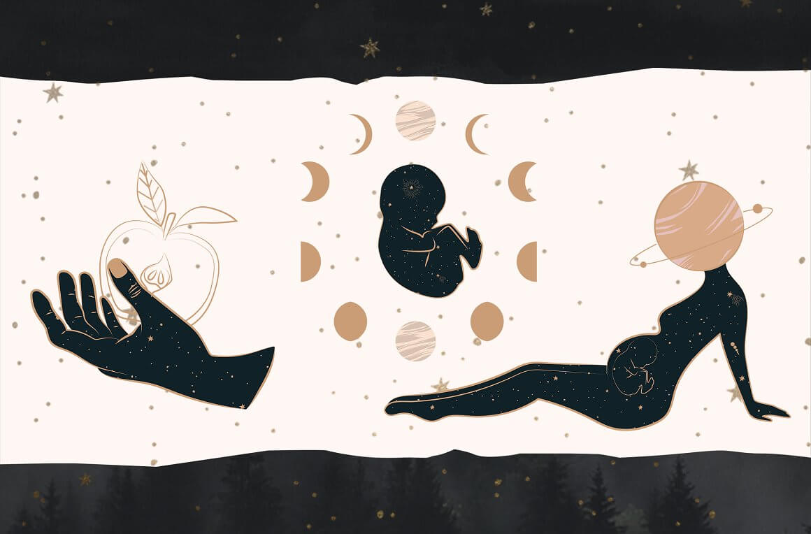 Image of a child and phases of the moon.