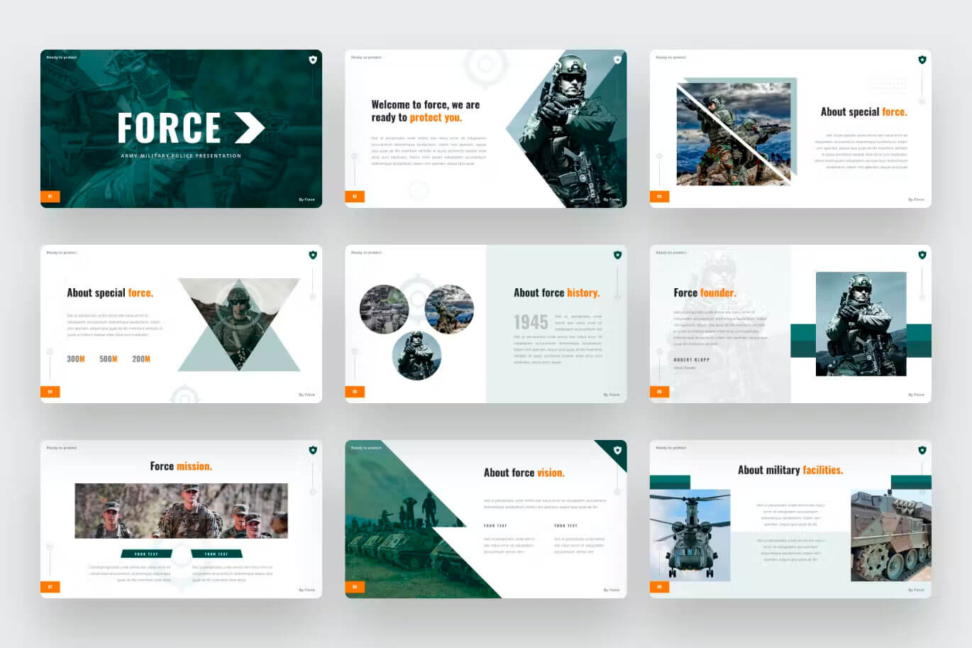 Nine slides "Force", "Welcome to force, we are ready to protect you", "About special force", "About force history", "Force founder" with army-themed powerpoint templates.