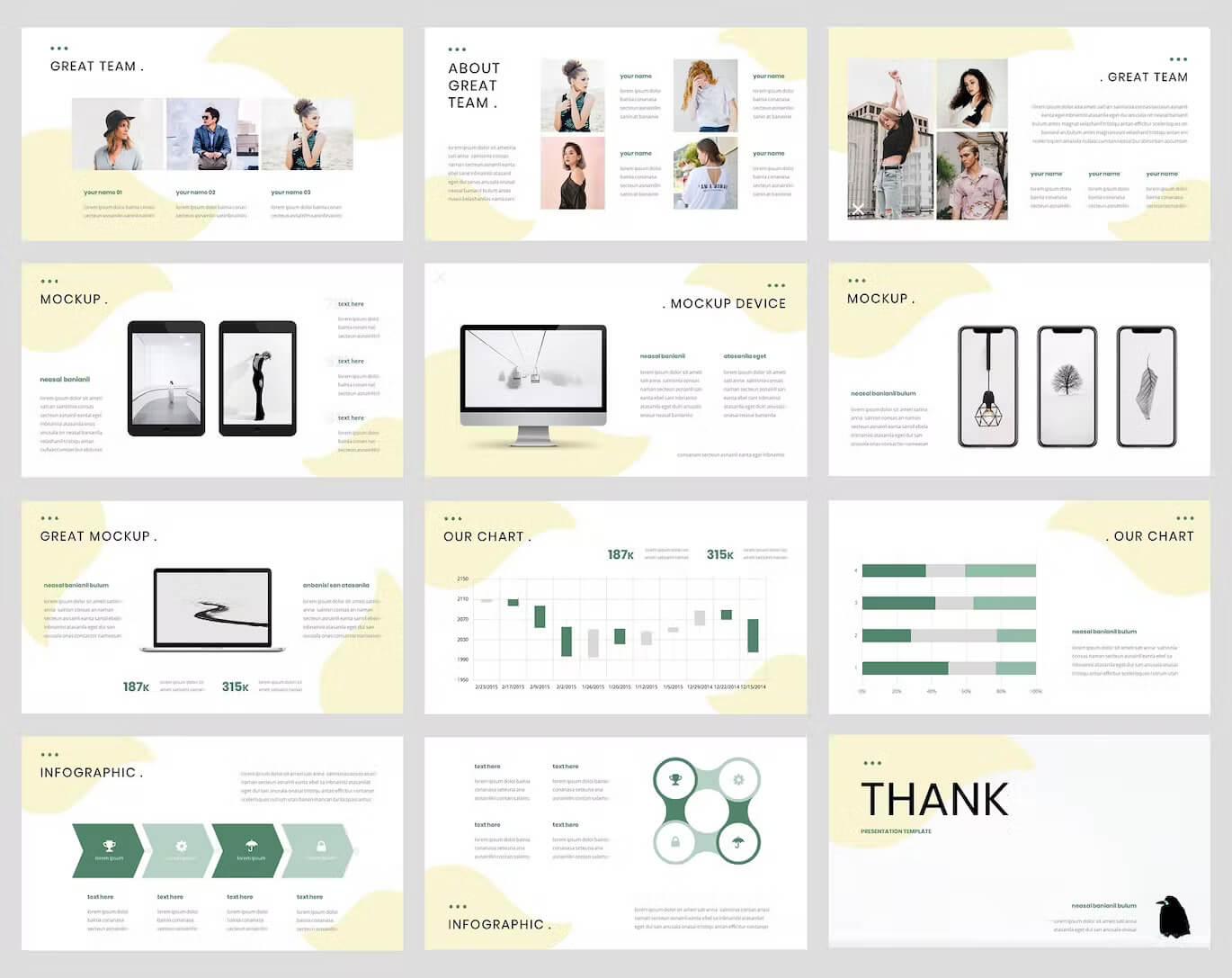 Twelve Lefite magazine Powerpoint slides "Great Team", "About Greate Team", "Mockup", "Mockup Device", "Great Mockup", "Our Chart", "Infographic", "Thank".