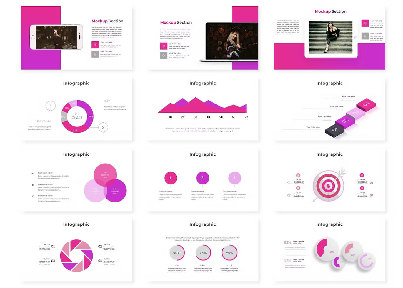 Many slides with information about mockup section and infographic.