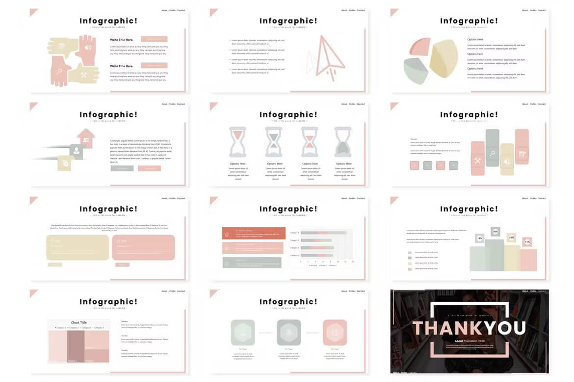 Twelve slides of Powerpoint "Infographic" magazine templates.
