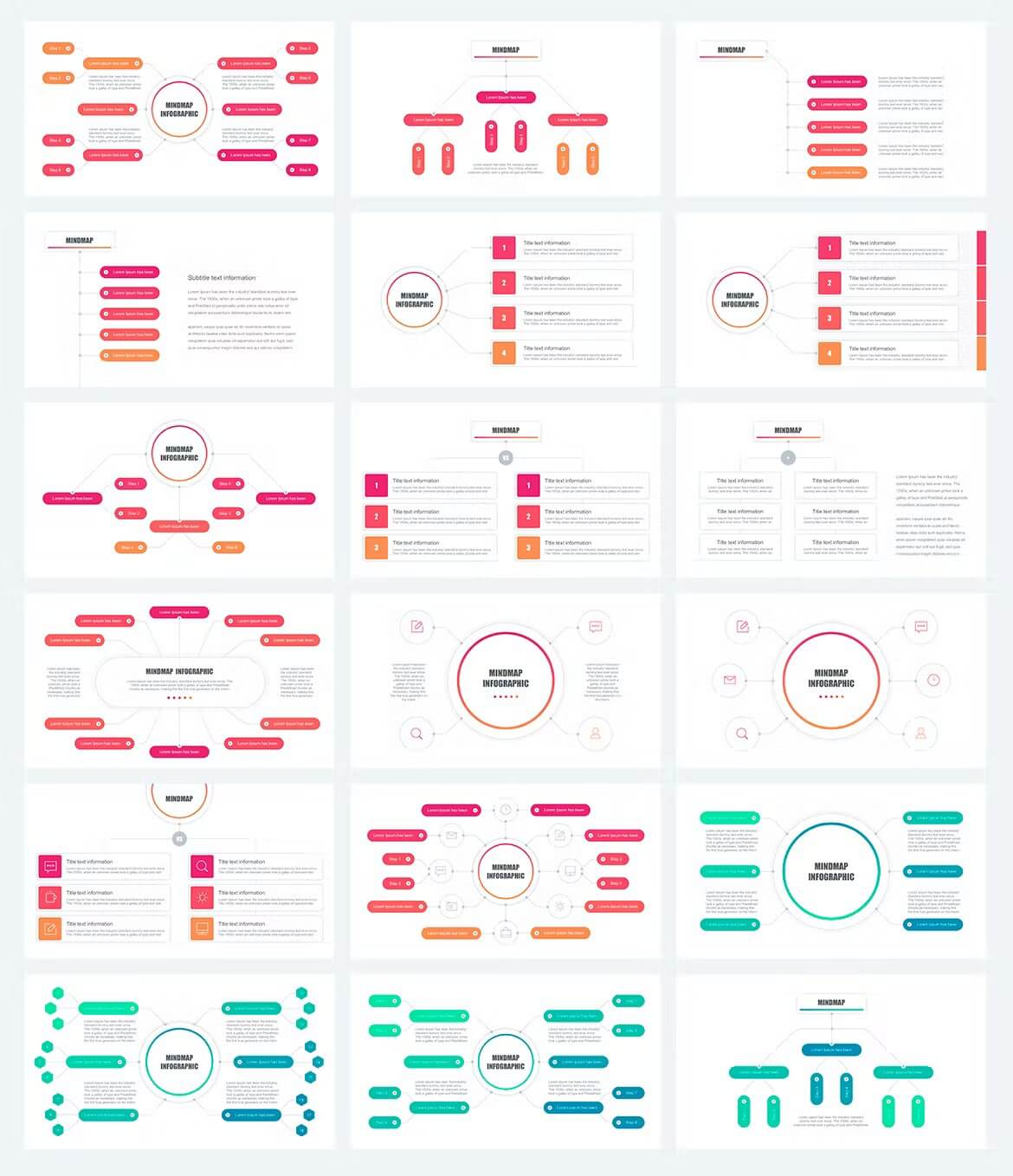 Slides in three colors of Mindmap infographics.