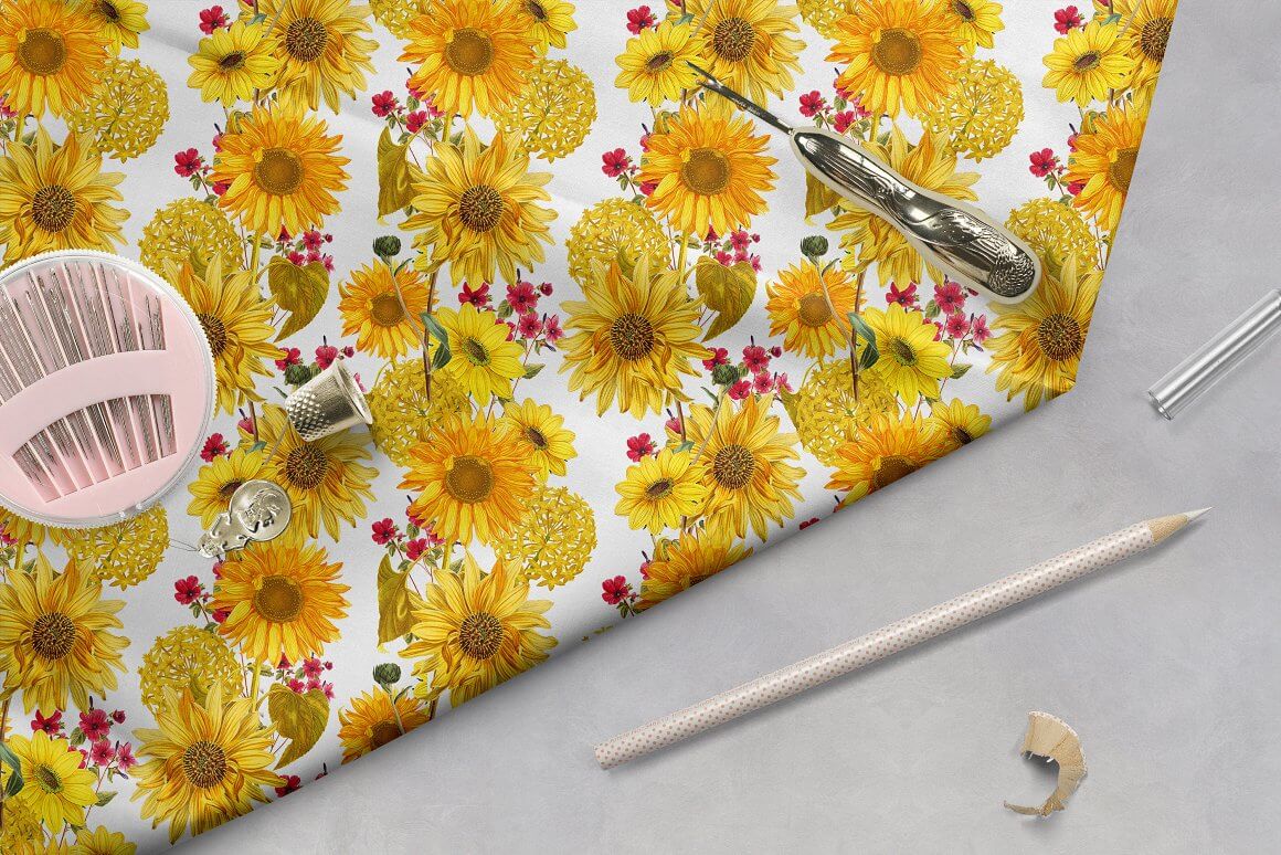 White fabric with yellow and red flowers.