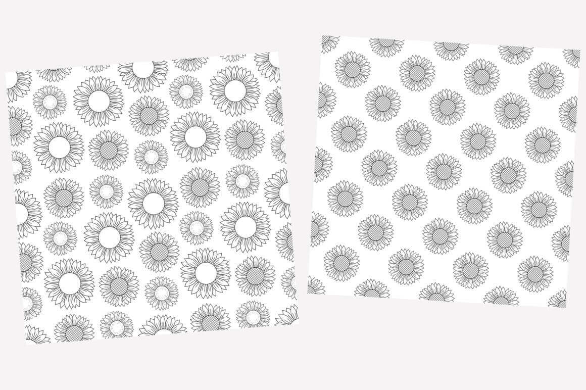Two seamless patterns with gray and white sunflowers on a white background.