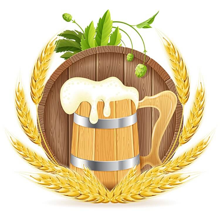Image of foamy beer in a wooden barrel on a wheat background.
