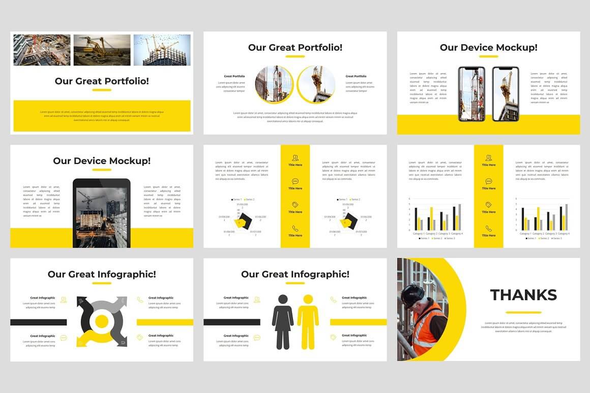 9 building PowerPoint slides "Our Great Portfolio" in three columns of yellow and white colors.