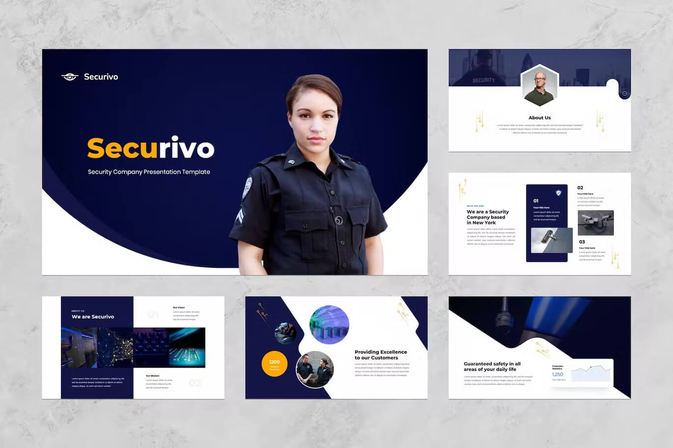 Six Powerpoint templates "Securivo", "We are Securivo", "About Us".