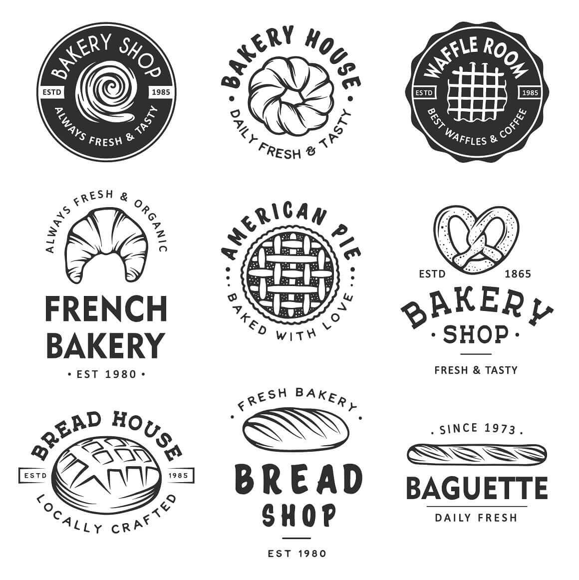 Nine black logos with bakery elements on a white background.