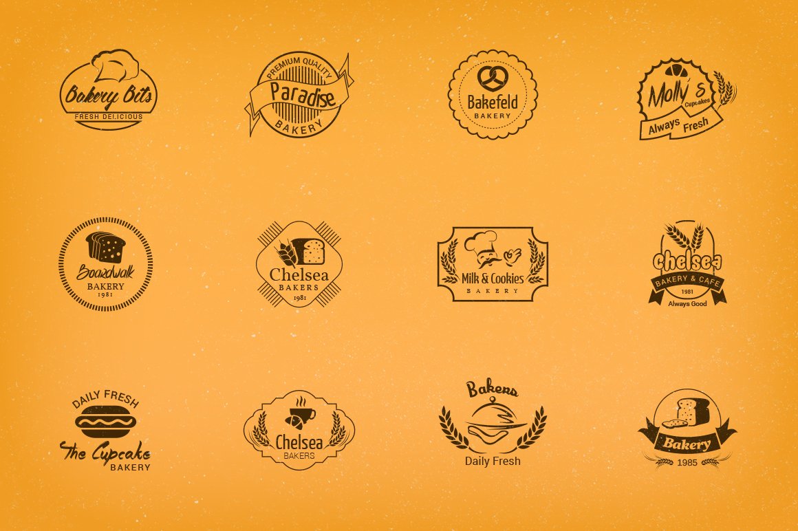 Twelve brown bakery logos in three rows.
