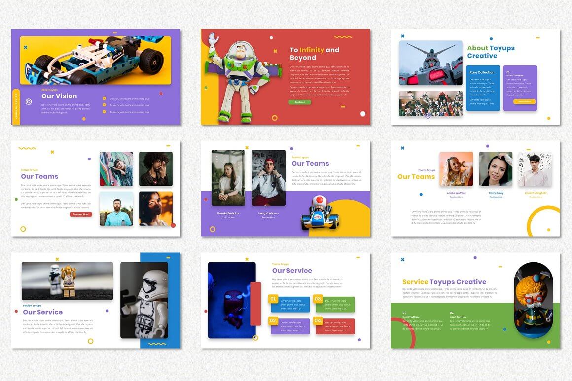 Nine cards with PowerPoint slides for children's toys Toyups "Our Vision", "To Infinity and Beyond", "About Toyups Creative", "Our Teams".