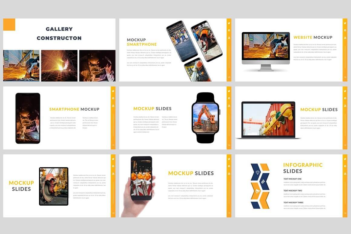 Nine PowerPoint slides "Gallery construction" with screenshots of smartphones, smart watches, Apple monoblocks, Macbook, iPad.